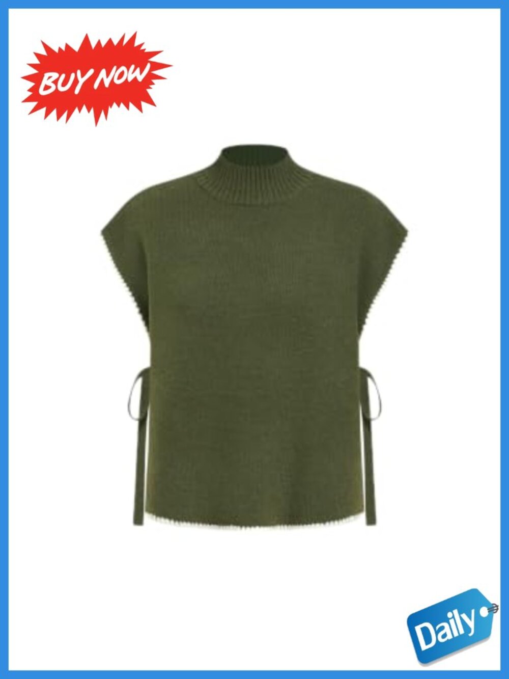 Sleeveless Mock Neck Sweater Vest with Side Tie Contrast Trim Loose Fit